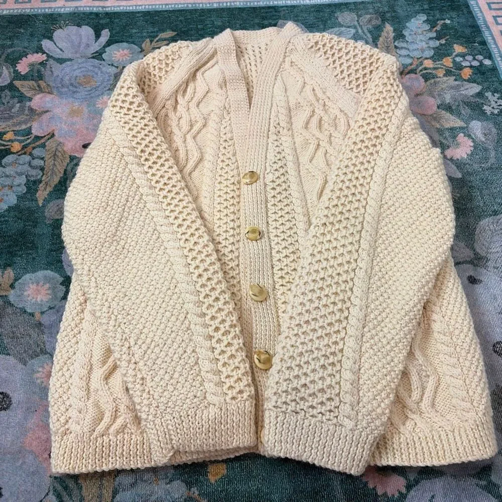 Vintage Handmade Wool Sweater Womens Large Cream Cable Knit Cardigan V-Neck